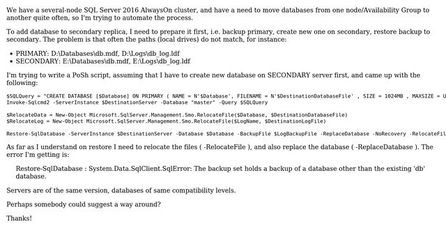 Databases: SQL Server 2016 Powershell: Restore-SqlDatabase with -ReplaceDatabase and -RelocateFile смотреть онлайн