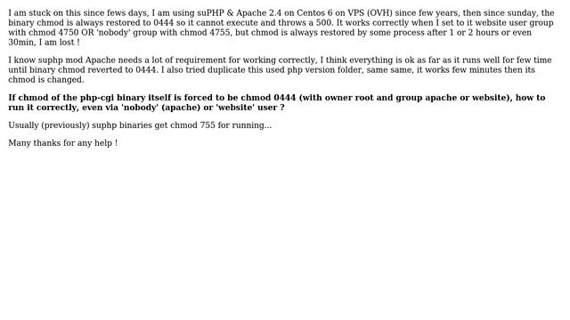 DevOps & SysAdmins: Centos Apache 2.4 exec suphp bin with chmod 0444 смотреть онлайн