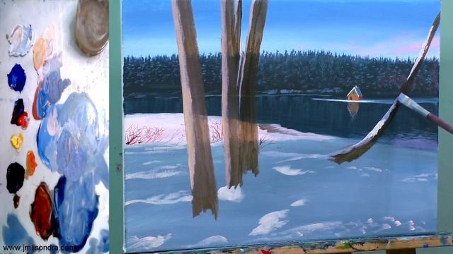 Acrylic Landscape Painting Tutorial / Winter On House Near The River With Birch Trees