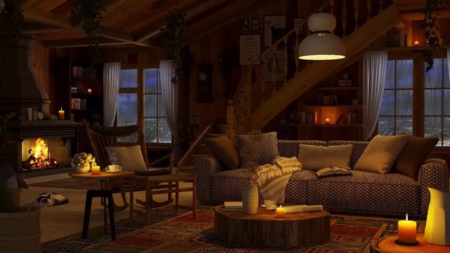 Thunderstorm Sounds & Crackling Fireplace At Cozy Cabin Ambience