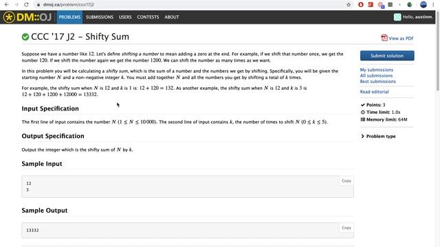 CCC '17 J2 - Shifty Sum (Python Solution) смотреть онлайн