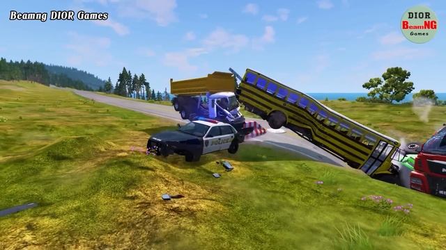 Double Flatbed Trailer Truck cars vs rails tractor vs train cars vs bollards Beamng Drive 407 смотреть онлайн