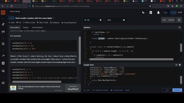 Code Wars C# 4 kyu: Next Smaller Number with the Same Digits смотреть онлайн