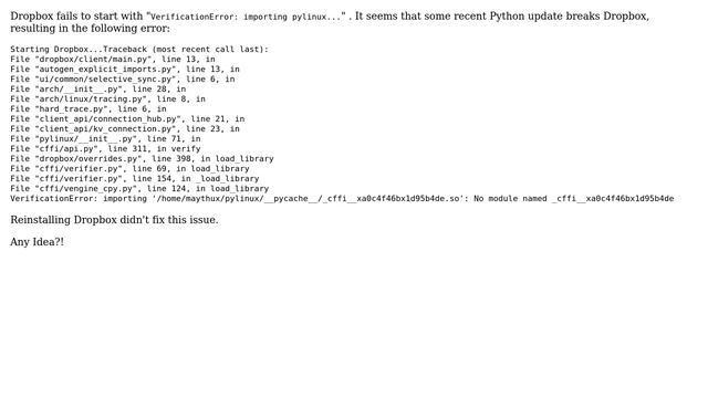 Ubuntu: Dropbox Fails To Start With "VerificationError: importing pylinux..." смотреть онлайн