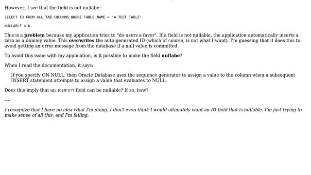 Databases: Can an Oracle IDENTITY column be nullable? смотреть онлайн