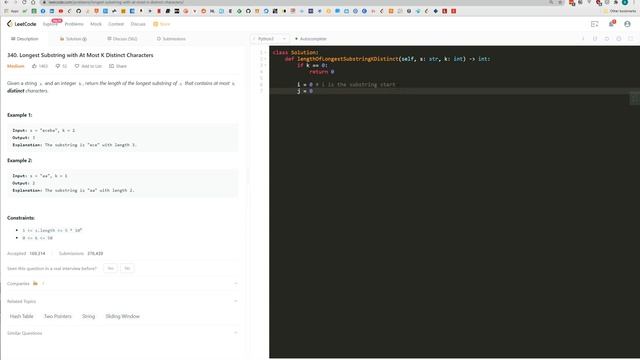 [Leetcode 340] Longest Substring with At Most K Distinct Characters смотреть онлайн