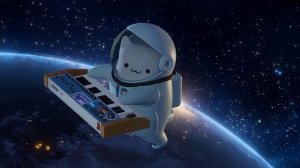 котик в космосе играет на пианино