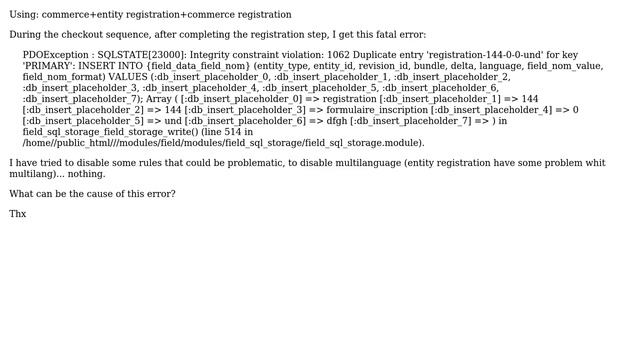 PDOException : SQLSTATE[23000]: Integrity constraint violation: 1062 Duplicate entry 'registration смотреть онлайн
