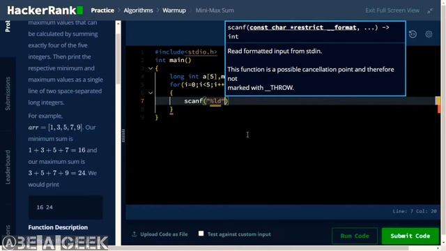 Mini max sum hackerrank solution in c @BE A GEEK | Hindi | смотреть онлайн