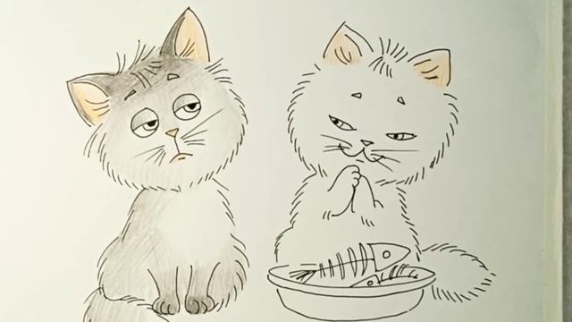 Кот и кошка. Рисунок черной тушью и карандашами. смотреть онлайн
