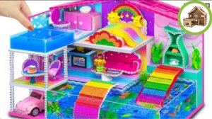 Миниатюрный 3-этажный цветной домик на воде с аквариумом и бассейном на крыше сделай из картона #71