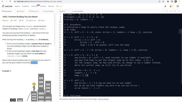 Leetcode 1642. Furthest Building You Can Reach - greedy method with help of heap смотреть онлайн