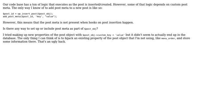 Wordpress: Adding custom fields (post meta) before/during wp_insert_post() смотреть онлайн
