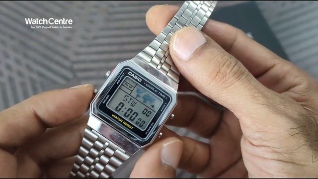 Casio Vintage Series Digital Watch Model A500WA-1 In Silver Chain & Square Dial With World Time