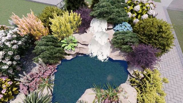 Ландшафтный дизайн участка. Декоративный пруд. Визуализация в 3D программе смотреть онлайн