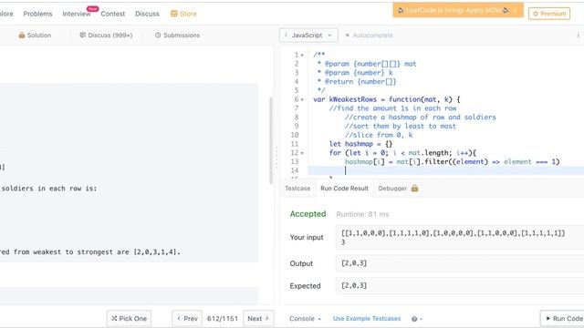 1337. The K Weakest Rows in a Matrix - LeetCode - JavaScript Tutorial (Easy) смотреть онлайн