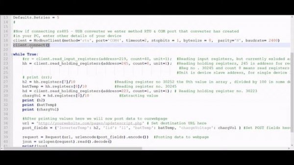 Read data from rs485 using pymodbus python using Rs485-USB converter. Also post data to our webpag