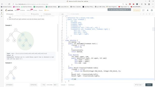 LeetCode 1373 | Maximum Sum BST in Binary Tree | DFS | Java смотреть онлайн