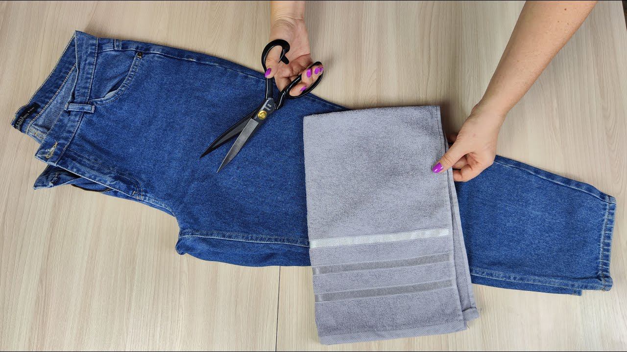 Режу старые джинсы и полотенца, чтобы сшить их вместе. смотреть онлайн