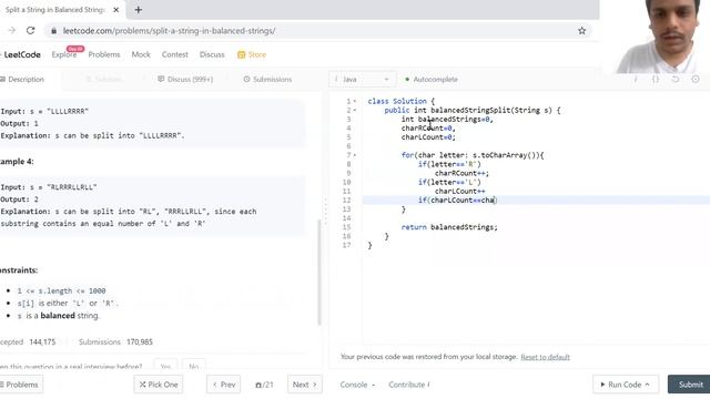 Leetcode question 1221: Split a String in Balanced Strings смотреть онлайн