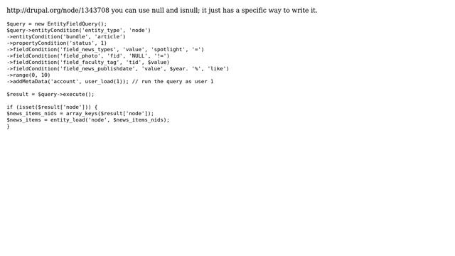 Drupal: Excluding empty(Null) fields when using EntityFieldQuery query condition (7 Solutions!!) смотреть онлайн