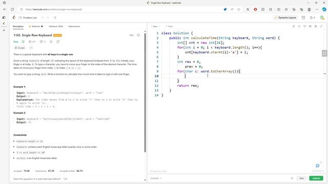LeetCode 1165 | Single-Row Keyboard | Counting Array | Java