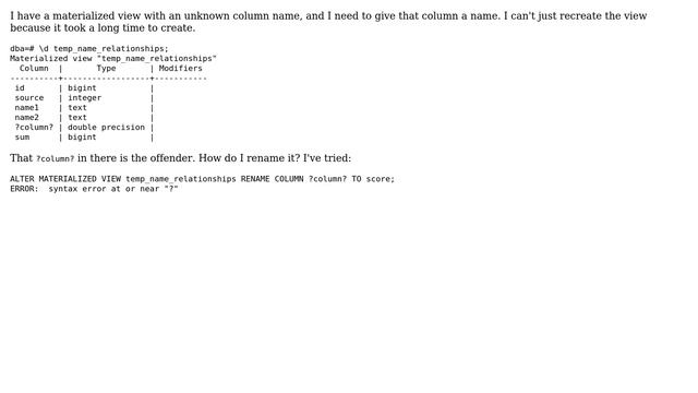Databases: Renaming a column in a materialized view with an unknown name смотреть онлайн