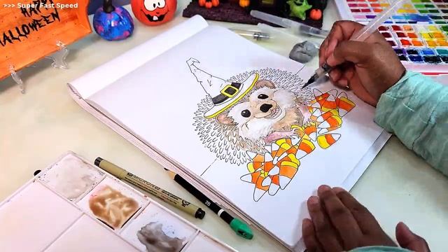 Sketch and Watercolor Hedgehog Wearing Witch Hat and Surrounded by Candy Corn смотреть онлайн