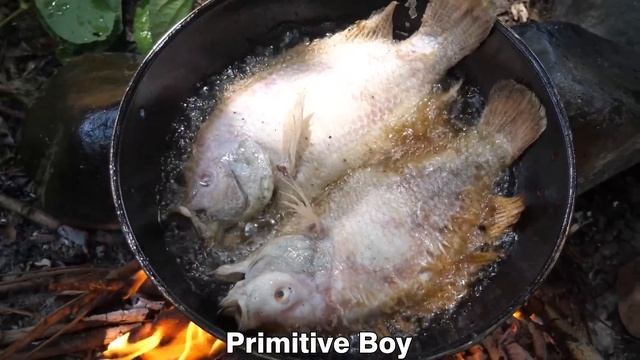 Survival In The Rainforest - Cooking Fish Recipe And Eating In Forest