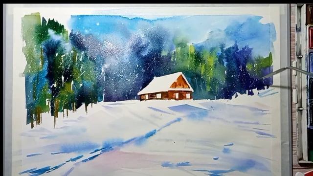 У леса, на опушке. Рисуем яркий зимний день акварелью смотреть онлайн