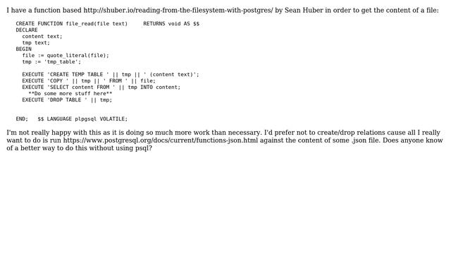 Databases: Getting the contents of a json file as a variable in plpgsql? смотреть онлайн