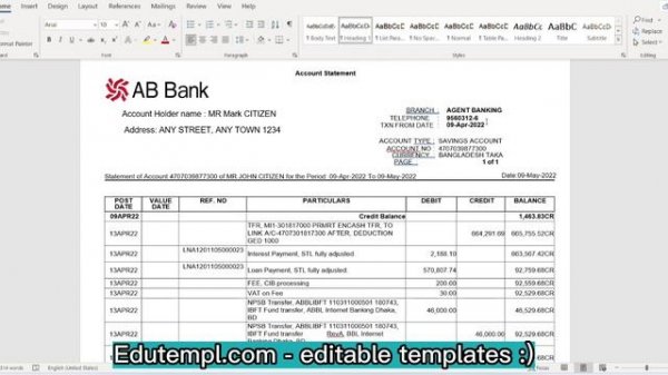 BANGLADESH AB bank statement Word and PDF template