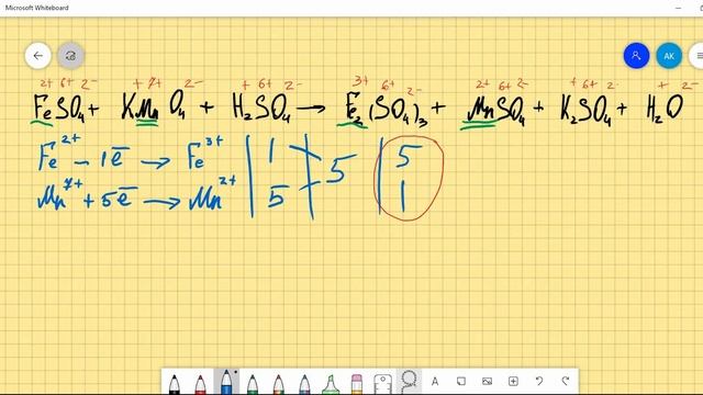 FeSO4+KMnO4+H2SO4=Fe2(SO4)3+MnSO4+K2SO4+H2O расстановка коэффициентов методом электронного баланса смотреть онлайн