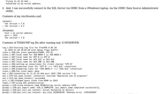 Connecting to MS SQL Server using FreeTDS: Error 20002: "Adaptive Server connection failed" смотреть онлайн