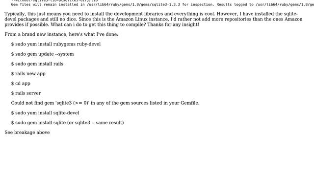 Installing sqlite gem fails on AWS Linux instance with sqlite-devel libraries installed смотреть онлайн