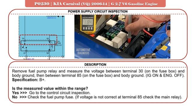 Test & Fix P0230 Fuel Pump Primary Circuit | KIA Carnival VQ 2006-14 | 2.7 V6 #fuelpump #relay