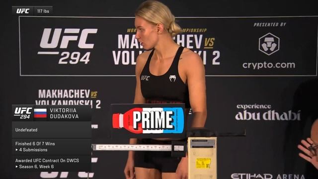 Jinh Yu Frey And Viktoriia Dudakova - Official Weigh-ins - (UFC 294: Makhachev Vs. Volkanovski 2)