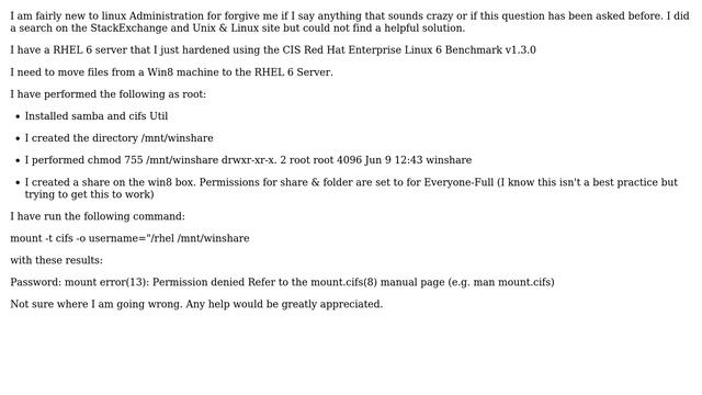 Unix & Linux: Windows to RHEL 6 File copy - mount error 13 = Permission denied смотреть онлайн
