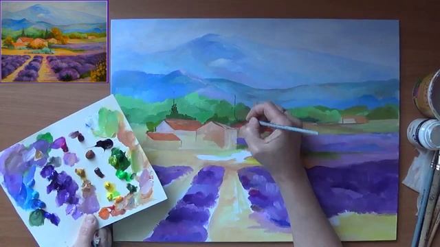 Как нарисовать пейзаж с лавандой. Лавандовое настроение. Прованс. Акрил смотреть онлайн