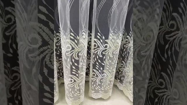 Тюль в 4 ряда вышивки для кухни, спальни на основе фатиновой сетки. Цвет: Молочный с золотом