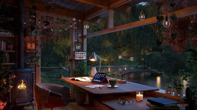 Rain Sounds For Studying - Cozy Cabin Ambience With Gentle Rain & Forest View - Evening Version