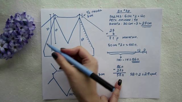 V-образная горловина в реглане сверху. Алгоритм расчета. смотреть онлайн
