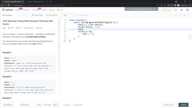 LeetCode 1374 | Generate a String With Characters That Have Odd Counts | Char Array | Java смотреть онлайн