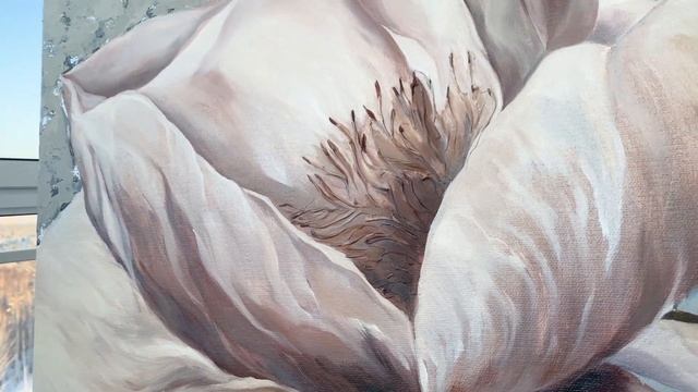 Картина маслом цветок магнолия "Нега 1" с поталью 60х60 см смотреть онлайн