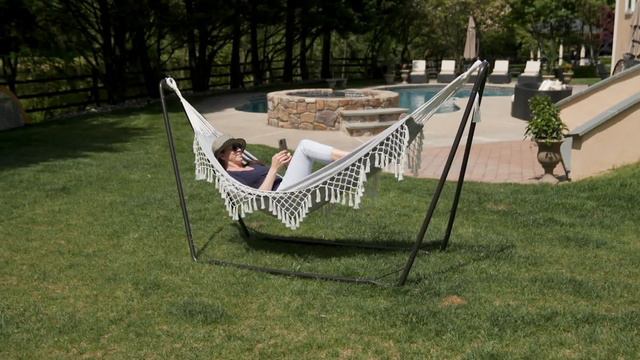 Bliss Hammocks 78" L x 40" W Macrame Fringed Hammock with Stand on QVC смотреть онлайн