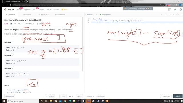LeetCode 862. Shortest Subarray with Sum at Least K (2nd time) смотреть онлайн