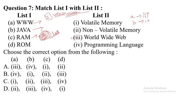 Match List I (WWW, JAVA, RAM, ROM) with List II : || ICT PYQ смотреть онлайн