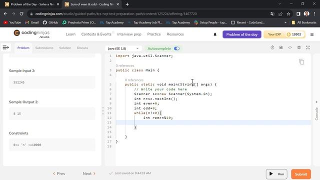 Sum of even & odd digit in a number | Coding Ninjas | java solution смотреть онлайн