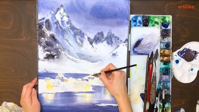Как нарисовать ночное небо акварелью | Как рисовать зиму | Рисуем горы, Урок акварели для начинающи смотреть онлайн