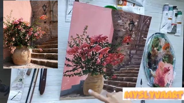 Итальянский дворик Пишем Бугенвиллию маслом Как нарисовать цветок How to draw an italian patio смотреть онлайн